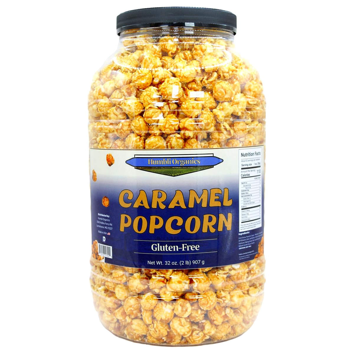 Humbli Organics Caramel Popcorn, 32 oz Tub (2 lbs) | Non-GMO Ingredients, No Artificial Flavors or Preservatives, Gluten-Free Sweet Snack | Resealable Container