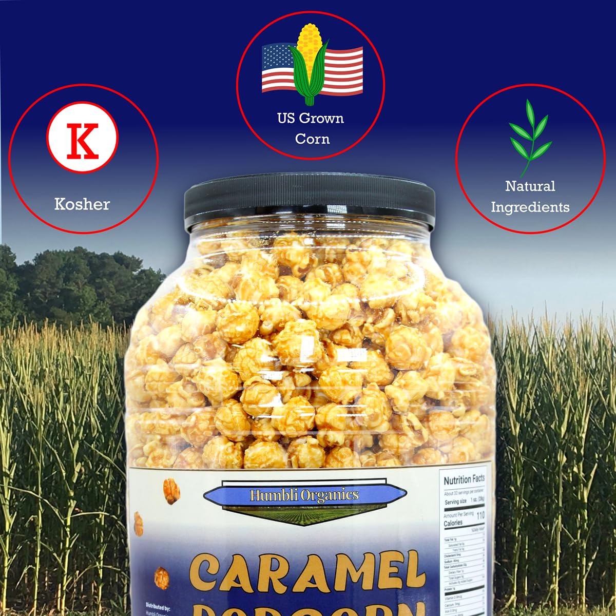 Humbli Organics Caramel Popcorn, 32 oz Tub (2 lbs) | Non-GMO Ingredients, No Artificial Flavors or Preservatives, Gluten-Free Sweet Snack | Resealable Container